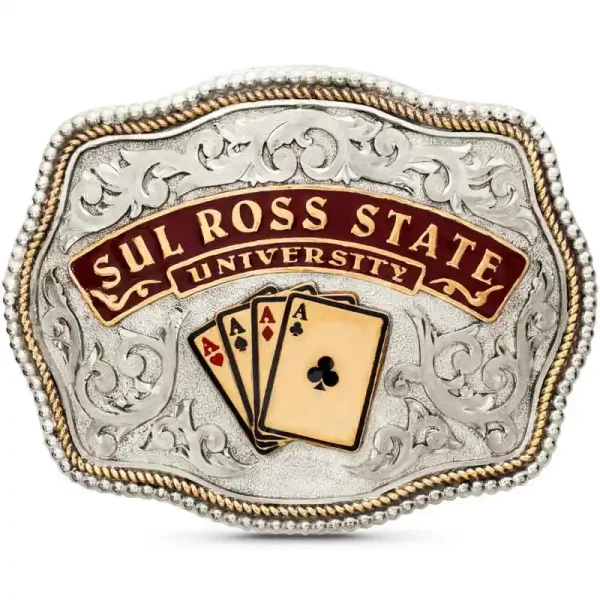 The Wyatt Belt Buckle is absolutely astonishing! Features beautiful German Silver hand-engraved scrollwork, a double beaded and rope edge, and a customizable enamel banner. Customize this class belt buckle with your personalized logo!